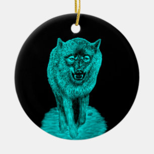 Angry Black Wolf in the Night Ceramic Tree Decoration