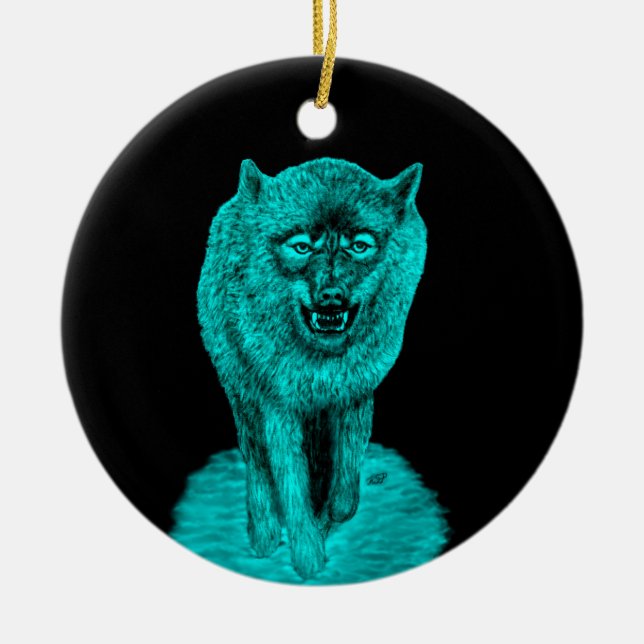 Angry Black Wolf in the Night Ceramic Tree Decoration (Front)