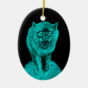 Angry Black Wolf in the Night Ceramic Tree Decoration