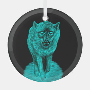 Angry Black Wolf in the Night Glass Tree Decoration