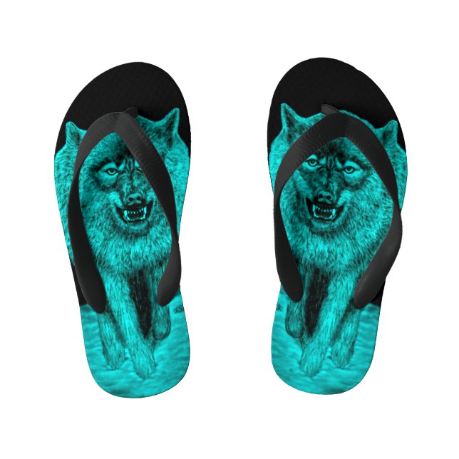 Angry Black Wolf in the Night Kid's Flip Flops (Footbed)