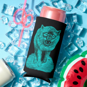 Angry Black Wolf in the Night Seltzer Can Cooler