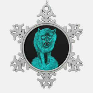 Angry Black Wolf in the Night Snowflake Pewter Christmas Ornament