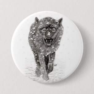 Angry Black Wolf in the Snow , wild Winter 7.5 Cm Round Badge