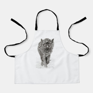 Angry Black Wolf in the Snow , wild Winter Apron