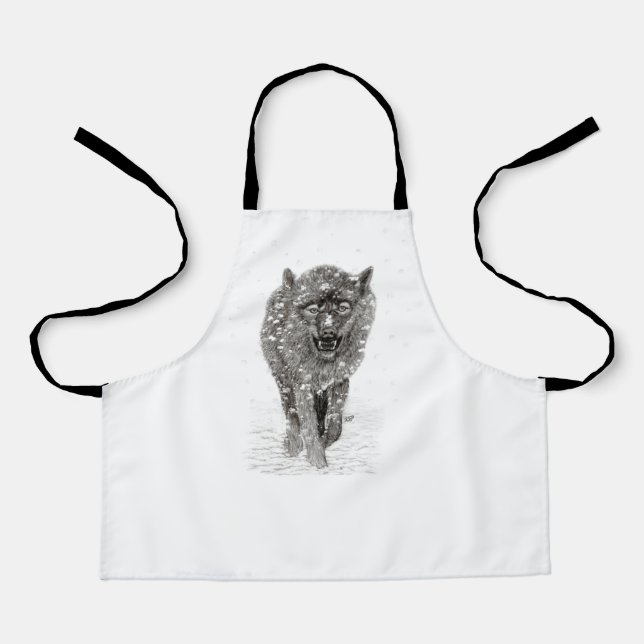 Angry Black Wolf in the Snow , wild Winter Apron (Front)