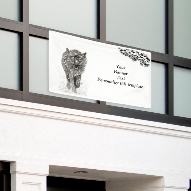 Angry Black Wolf in the Snow , wild Winter Banner (Outside Building)