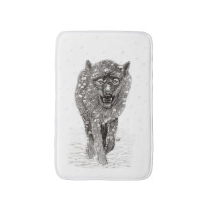 Angry Black Wolf in the Snow , wild Winter Bath Mat