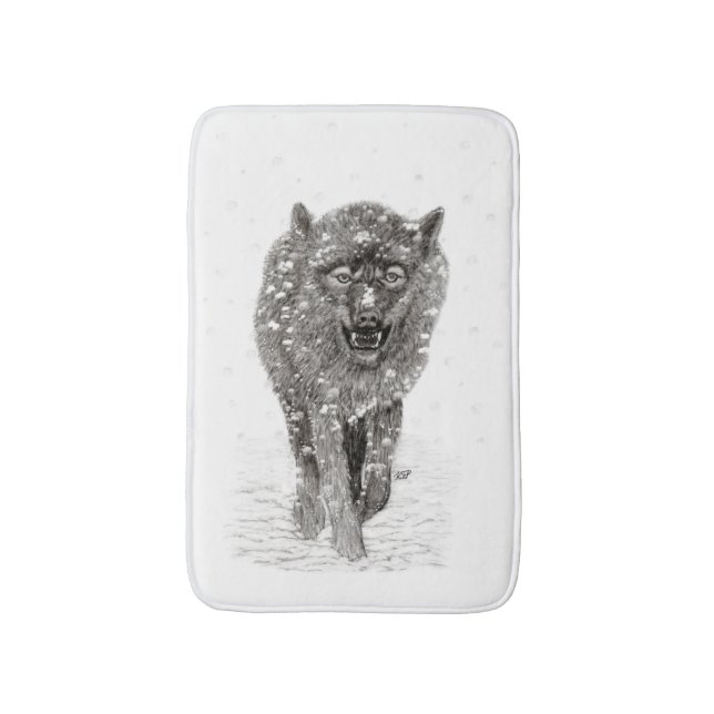 Angry Black Wolf in the Snow , wild Winter Bath Mat (Front Vertical)