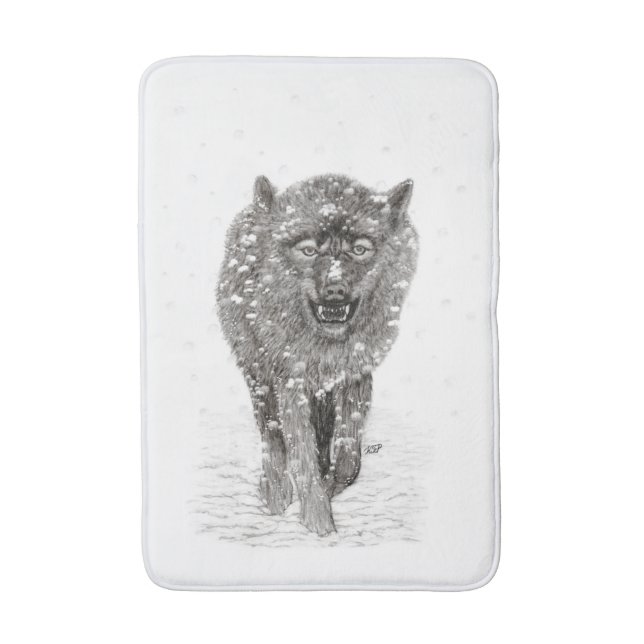 Angry Black Wolf in the Snow , wild Winter Bath Mat (Front Vertical)