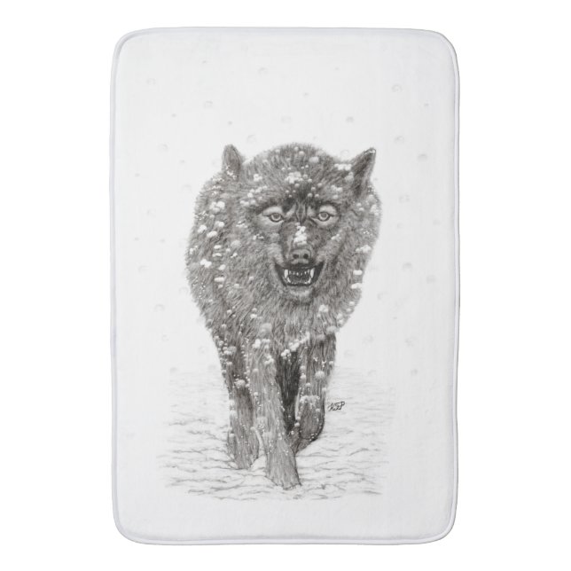 Angry Black Wolf in the Snow , wild Winter Bath Mat (Front Vertical)