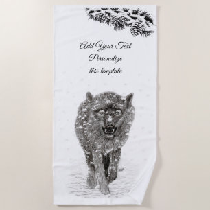 Angry Black Wolf in the Snow , wild Winter Beach Towel