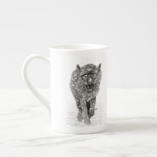 Angry Black Wolf in the Snow , wild Winter Bone China Mug