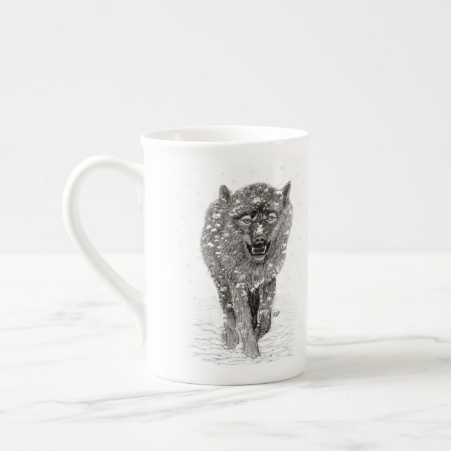 Angry Black Wolf in the Snow , wild Winter Bone China Mug (Left)