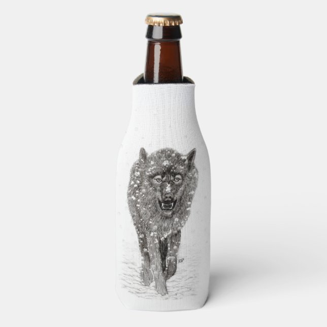 Angry Black Wolf in the Snow , wild Winter Bottle Cooler (Bottle Front)