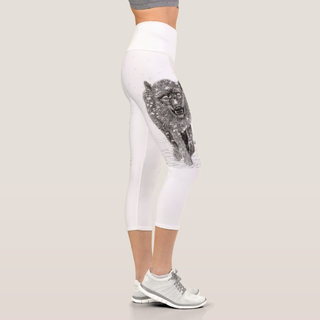 Angry Black Wolf in the Snow , wild Winter Capri Leggings (Right)