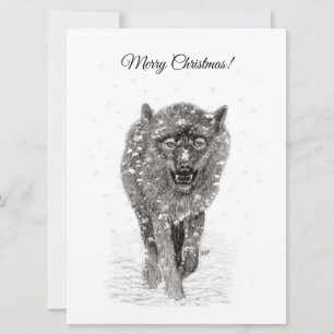 Angry Black Wolf in the Snow , wild Winter Card