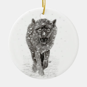 Angry Black Wolf in the Snow , wild Winter Ceramic Tree Decoration