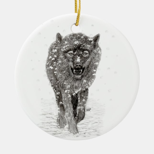 Angry Black Wolf in the Snow , wild Winter Ceramic Tree Decoration (Front)