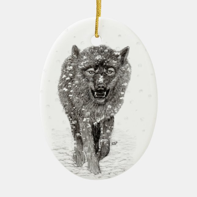 Angry Black Wolf in the Snow , wild Winter Ceramic Tree Decoration (Front)