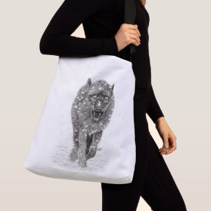 Angry Black Wolf in the Snow , wild Winter Crossbody Bag