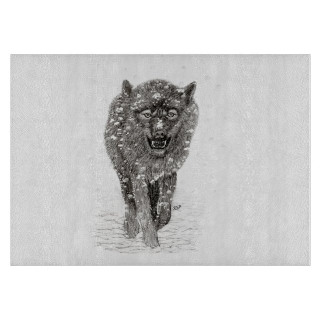 Angry Black Wolf in the Snow , wild Winter Cutting Board (Front)