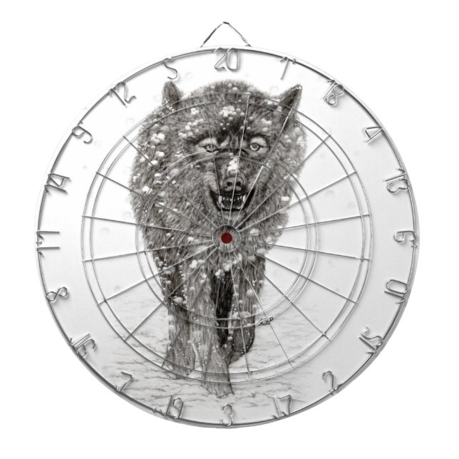 Angry Black Wolf in the Snow , wild Winter Dartboard (Front)