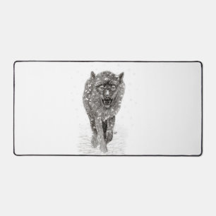 Angry Black Wolf in the Snow , wild Winter Desk Mat