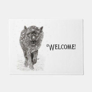 Angry Black Wolf in the Snow , wild Winter Doormat