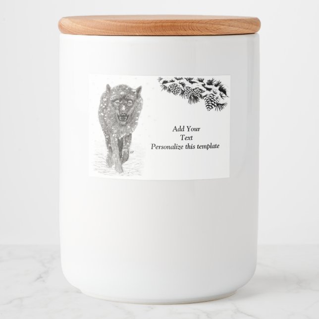 Angry Black Wolf in the Snow , wild Winter Food Label (Front)