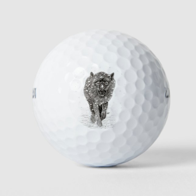 Angry Black Wolf in the Snow , wild Winter Golf Balls (Front)