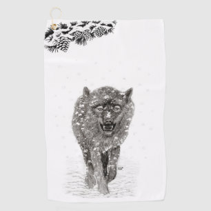 Angry Black Wolf in the Snow , wild Winter Golf Towel