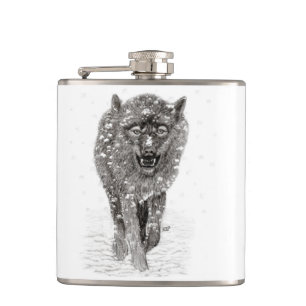 Angry Black Wolf in the Snow , wild Winter Hip Flask