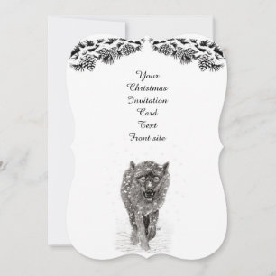 Angry Black Wolf in the Snow , wild Winter Invitation