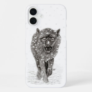 Angry Black Wolf in the Snow , wild Winter iPhone 16 Plus Case