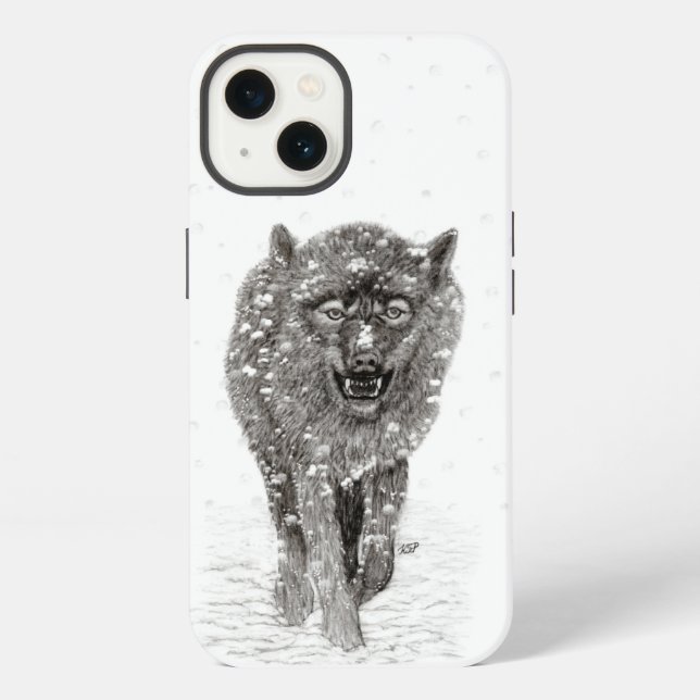 Angry Black Wolf in the Snow , wild Winter iPhone Case (Back)