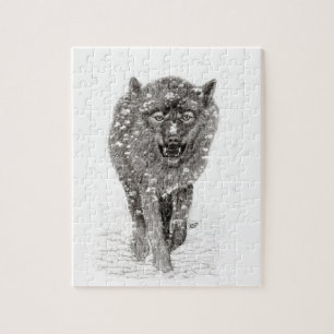 Angry Black Wolf in the Snow , wild Winter Jigsaw Puzzle