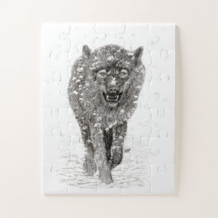 Angry Black Wolf in the Snow , wild Winter Jigsaw Puzzle