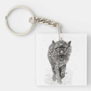 Angry Black Wolf in the Snow , wild Winter Key Ring