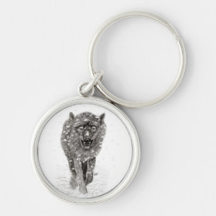 Angry Black Wolf in the Snow , wild Winter Key Ring