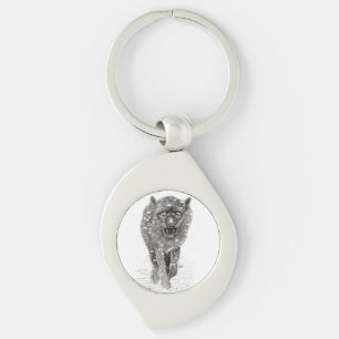 Angry Black Wolf in the Snow , wild Winter Key Ring