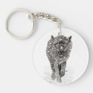 Angry Black Wolf in the Snow , wild Winter Key Ring