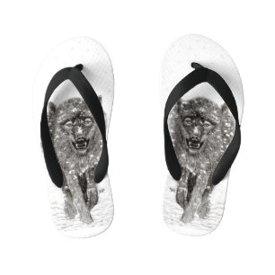 Angry Black Wolf in the Snow , wild Winter Kid's Flip Flops