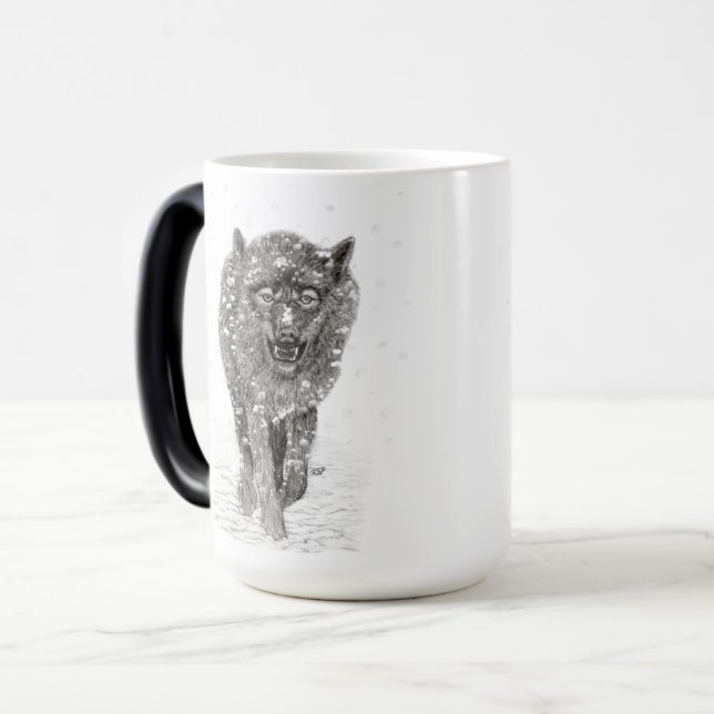 Angry Black Wolf in the Snow , wild Winter Magic Mug (Front Left)