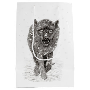 Angry Black Wolf in the Snow , wild Winter Medium Gift Bag