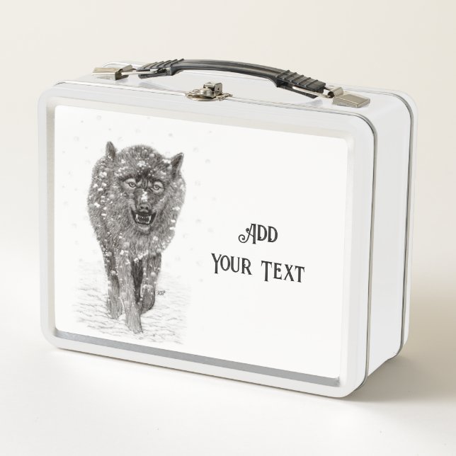 Angry Black Wolf in the Snow , wild Winter Metal Lunch Box (Front)