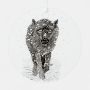 Angry Black Wolf in the Snow , wild Winter Metal Tree Decoration