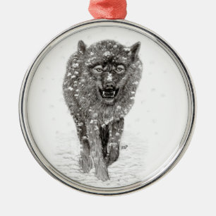 Angry Black Wolf in the Snow , wild Winter Metal Tree Decoration