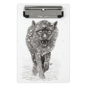 Angry Black Wolf in the Snow , wild Winter Mini Clipboard