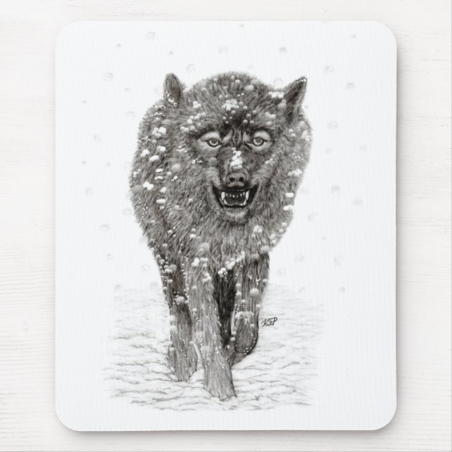 Angry Black Wolf in the Snow , wild Winter Mouse Mat (Front)